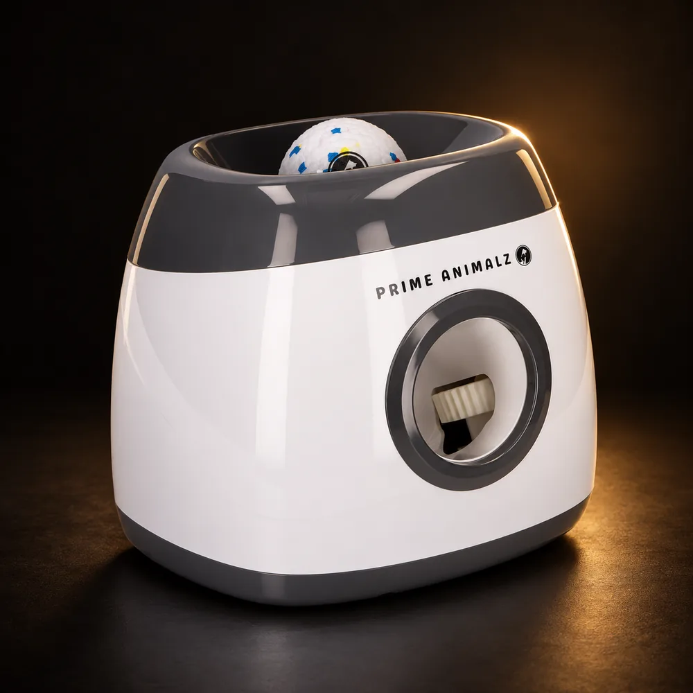 Grijs-witte automatische ballenwerper Premium XL met een bal erin