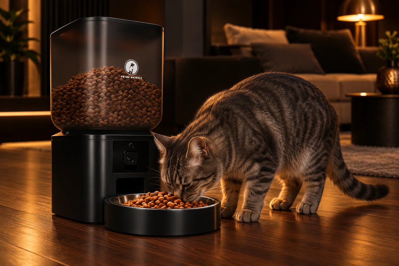 Een gestreepte kat eet ’s avonds uit de automatische voerbak in een warm verlichte woonkamer